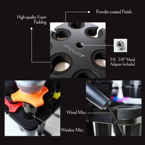 Soporte Multi Microfono Simplurfi Para Soporte de Microfono - Bandeja Cuadrada para hasta 8 Microfonos Organizador y Exhibidor en Escena - Incluye 8 Anillos Antivuelco - Imagen 3
