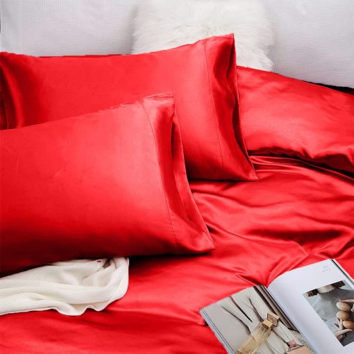 Conjunto de sabanas de seda satinada Rico Bedding con 19 pulgadas de bolsillo profundo - Juego de sabanas de lujo de hotel - 6 piezas - Bolsillos profundos - Transpirable y fresco - Sin arrugas - Confortable - Sabanas - (Cal Queen Rojo Sangre) - Imagen 3