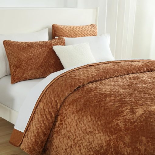 Juego de edredones de terciopelo Liians, juego de ropa de cama de lujo elegante, colchas de terciopelo ultra suave, mantas, patron de tejido de costura, colcha acolchada de algodon para todas las estaciones, color caramelo, tamano Queen - Imagen 3