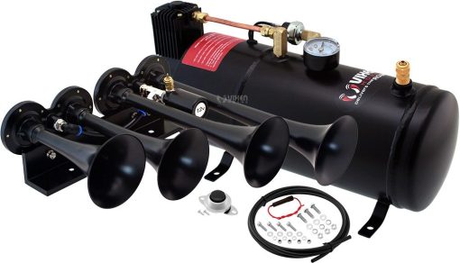 Kit de Bocina de Tren Vixen Horns para Camiones/Carros/Semirremolques. Sistema Completo a Bordo- Compresor de Aire de 150psi, Tanque de 1 Galon, 4 Trompetas. Sonido Super Fuerte dB. Compatible con Vehiculos como Pickup/Jeep/RV/SUV 12v VXO8210/4124B