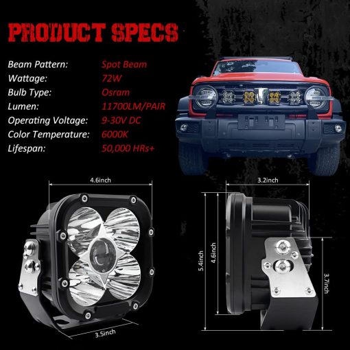 Faros LED Samman, Luces LED Cuadradas 4.6 pulgadas 72W 6000K Luces Off Road LED con DRL Amarillo para ATV UTV Pickup Truck Trailer, 2 Piezas - Imagen 3