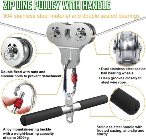 Fologtoo Cables Zip para Ninos y Adultos al Aire Libre Hasta 500 Lbs, Kits de Tirolesa de Acero Inoxidable 304 de 30M para Patio Trasero con Cuerda de Alambre Grueso de 1/4", Polea Removible, Equipo de Juegos al Aire Libre - Imagen 2