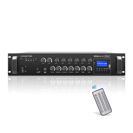 Amplificador de Potencia Comercial Sound Town 180W 6-Zona 70V/100V con Bluetooth, Phantom Power, para Restaurantes, Salones, Bares, Pubs, Escuelas (STCA180-6Z)