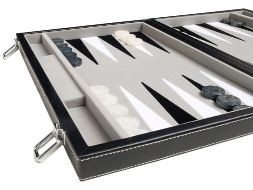 Set de Backgammon de Viaje - Piel Sintetica, Campo de Juego de Terciopelo - 15 pulgadas, Negro/Gris - Imagen 2