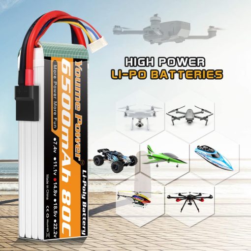 Bateria Lipo Youme 4S 14.8V 6500mAh 80C con Tr Plug para Maxx X-Maxx RC Buggy Truggy Crawler Truck Car, Helicoptero, Avion (2 Packs) - Imagen 5