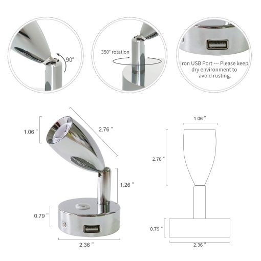 THALASSA 12V Foco USB de Lectura para RV - Interruptor tactil regulable con luz nocturna azul, acabado cromado pulido, montado en superficie en remolque caravana embarcacion interior como luz de noche para camas lampara de libro - Imagen 3