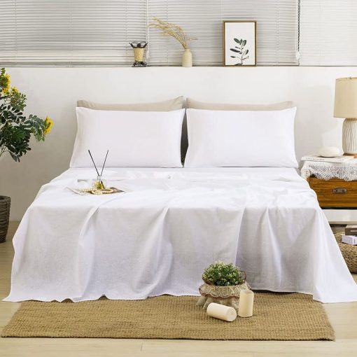 Juego de sabanas de lino 100% TUMEI California King, 4 piezas Juego de sabanas de lino Cal King Suaves Transpirables y Duraderas Sabana bajera ajustada y sabana plana y 2 fundas de almohada, Tamaño California King Blanco