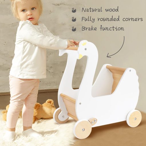 Coche de muñecas de madera Pillowhale, Juguete de Cochecito para Bebes, Andador de bebe Cisne de Madera, Cochecito de Juguete para Niños y Niñas de 18 Meses en Adelante - Imagen 5