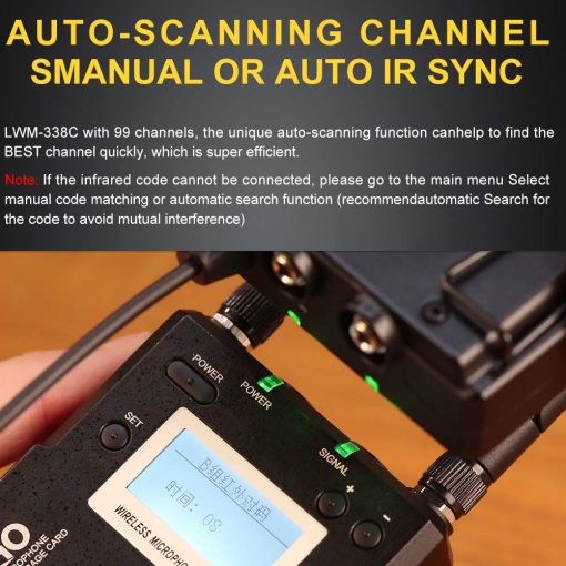 Microfono de solapa inalambrico LENSGO, microfono de solapa omnidireccional profesional UHF 338C Dual Transmitter con alcance de 150m para camara DSLR, smartphone y grabacion de video - Imagen 6