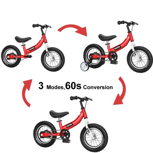 Bicicleta de Equilibrio OHIIK 2 en 1 para Ninos de 2 3 4 5 6 7 Anos, Bicicleta de Equilibrio a Pedales, Bicicleta de Ninos de 12 14 16 Pulgadas, con Kit de Pedales, Ruedas de Entrenamiento, Frenos (12 Pulgadas, Rojo) - Imagen 2