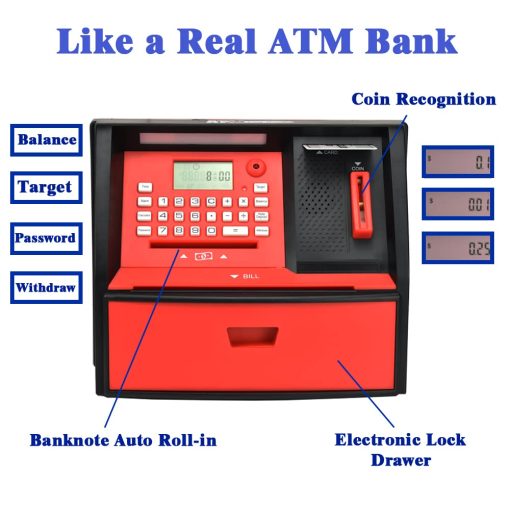 ATMBnk Alcancia Interactiva de ATM para Ninos, Juguete Seguro para Ahorrar Dinero con Proteccion de Contrasena, Reconocimiento de Monedas, Insercion de Billetes, para Ninos y Ninas de 5 a 12 anos (Azul/Plateado) - Imagen 4