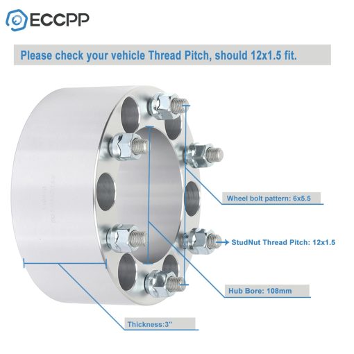 ECCPP (2 Pares) Separadores de Rueda de 6 Birlos de 3" 6x5.5 a 6x5.5 12x1.5 108mm Plateado Compatible con Toyota TUNDRA 2000-2006 e Isuzu Trooper 1992-2002 - Imagen 2