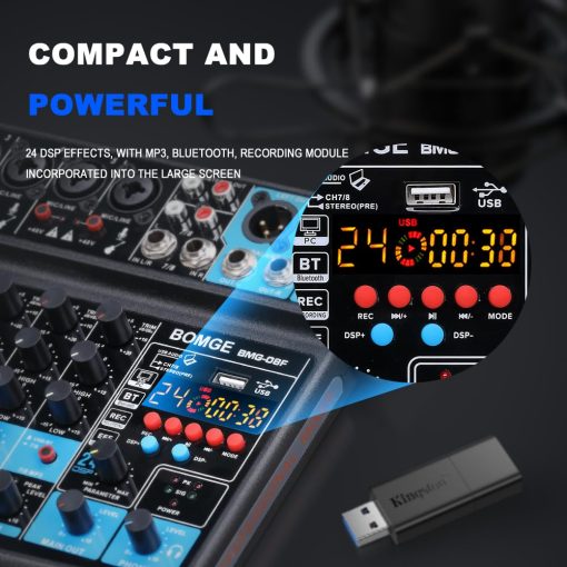 Mezclador de audio mini de 8 canales BOMGE con reproductor de MP3, Bluetooth, U disk, 48V, 24 efectos DSP, grabacion USB - Ideal para pequenos clubes o bares, grabacion de estudio (8 canales - NEGRO) - Imagen 2