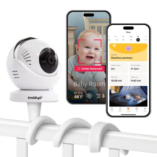 Monitor de bebe inalambrico con camara y audio Invidyo: Seguimiento del sueno, alertas de llanto, deteccion de tos | Aplicacion de telefono inteligente inalambrico Pan & Tilt 1080P Full HD Video