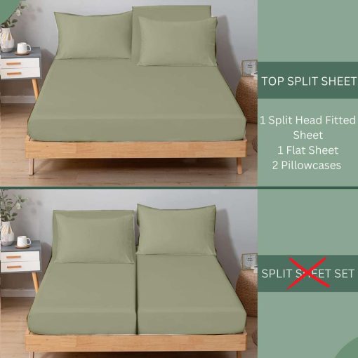 Juego de sabanas divididas para cama ajustable Split King, sabanas para cama Sleep Number Split King de bolsillo profundo, sabanas Split Top King de 34" 400 hilos 100% algodon, sabanas Flex Top, solido de salvia - Imagen 5
