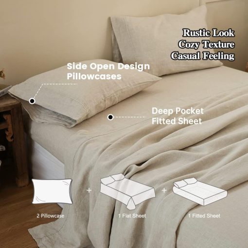 Juego de sabanas 100% lino Simple&Opulence con bordado lavado - 3 piezas (1 sabana plana y 1 sabana ajustable y 1 funda de almohada) Lino natural suave ropa de cama transpirable estilo de granja - Lino, Tamaño Individual - Imagen 3