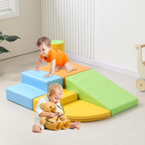 Conjunto de 6 Piezas de Juguetes de Escalada de Cuero PU Suave para Ninos - Estructuras de Escalada de Espuma para Ninos de 3 Anos, Juego de Escalar y Gatear, Equipo de Trepar Gimnasio de Actividades de Espuma