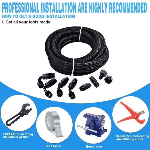 Kit de Manguera de Combustible SYKRSS 6AN 10FT, Manguera de Nylon Trenzado de Acero Inoxidable para Aceite/Gasolina/Combustible con 8 Piezas de Adaptadores Giratorios para Manguera de Combustible - Negro - Imagen 3