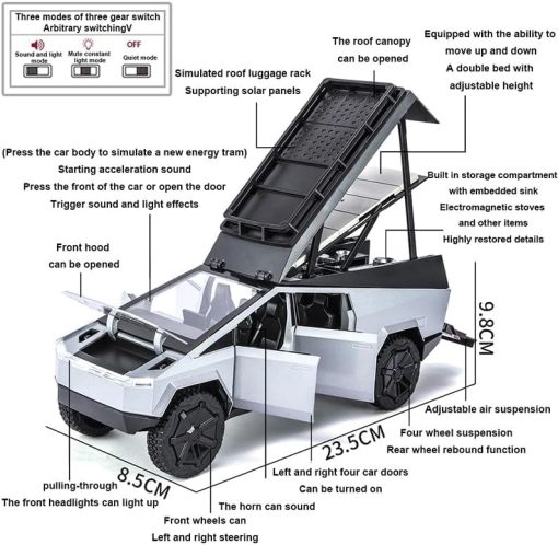 EROCK 1:24 Modelo de Coche de Camping RV, Juguete de Remolque Pickup - Modelo de Camioneta con Funcion de Sonido y Luces, Regalos Adecuados, Decoraciones, Coleccionables (Camping RV Plata) - Imagen 2