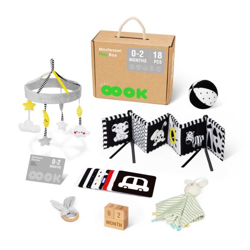 Set de Juguetes Montessori OOOK para Bebes de 0-3 Meses, Incluye Libro de Tela Suave, Cartas en Blanco y Negro, Hitos Mensuales del Bebe, Manta de Seguridad de Conejito y Pelota de Entrenamiento de la Vision