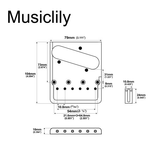 Puente de Telecaster de laton ultra pesado de 54 mm (2-1/8 pulgadas) completamente solido para Guitarra Electrica Estilo Tele, Negro - Imagen 2