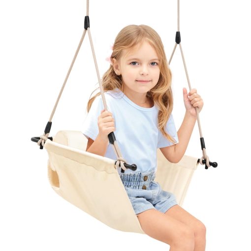 Columpio Hamaca nets Tribe para ninos y adultos con respaldo y cojin lavable, columpio de puerta para interiores y exteriores, juego de columpios para jardin en casa (Beige Blanco)
