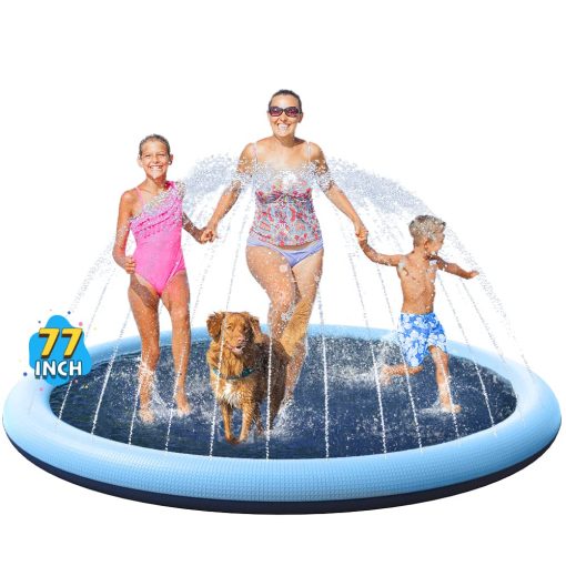 Tapete Antideslizante VISTOP para Ninos y Perros, Espesamiento de la Piscina de Rociadores de Verano Juguetes Acuaticos al Aire Libre - Divertida Alfombra de Juego de Fuente de Patio Trasero para Ninas Ninos o Perro Mascota (77 pulgadas, Azul&Azul)