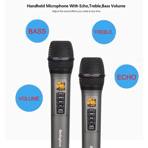 Sistemas de Microfono Inalambrico Dual UHF Berlingtone BR-105UM, de Mano Dinamico, con 60 Canales de Frecuencia Ajustable, con Eco, Agudos, Graves y Receptor Recargable, para Karaoke, DJ, Hasta 200 pies de Alcance - Imagen 4