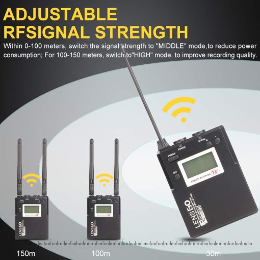 Microfono de solapa inalambrico LENSGO, microfono de solapa omnidireccional profesional UHF 338C Dual Transmitter con alcance de 150m para camara DSLR, smartphone y grabacion de video - Imagen 4