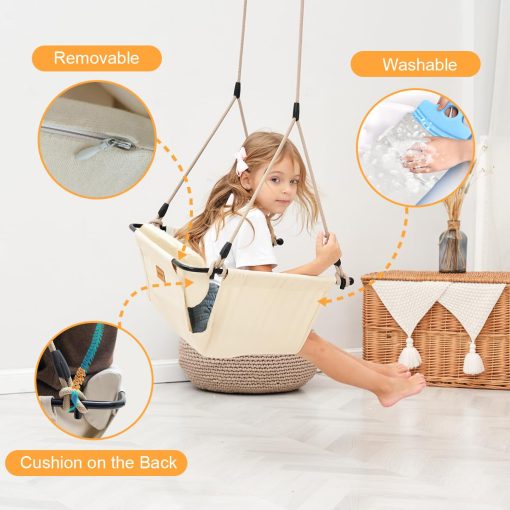 Columpio Hamaca nets Tribe para ninos y adultos con respaldo y cojin lavable, columpio de puerta para interiores y exteriores, juego de columpios para jardin en casa (Beige Blanco) - Imagen 3