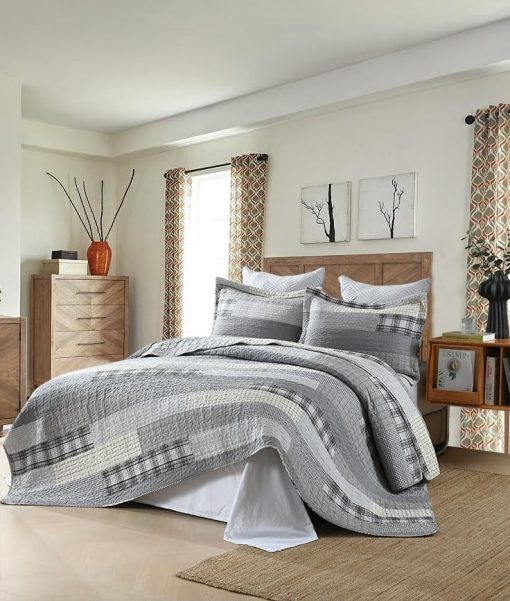 Juego de Edredon BCOTTOND Tamano Queen 100% Algodon Estilo Granja Cuadros Patchwork Reversible Edredon Juego de Ropa de Cama Acolchado Ligero para Cama Queen, 3 piezas, Gris/Crema/Beige - Imagen 2