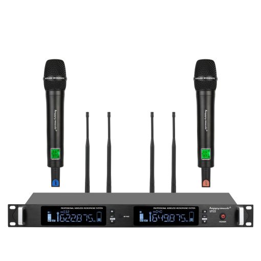 Sistema de Microfono Inalambrico Profesional UHF happymusic, 2 Canales Set de 2 Microfonos de Mano sin Cable, Escaneo Automatico, Hasta 350ft para Cantar, Karaoke en Casa, Iglesia, Boda (UT22)