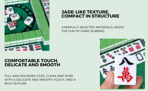 Juego de Mahjong Chino AzulHome, 144 Azulejos Numerados de 40 mm (1.6") Grandes de Melamina con 4 Dados, 80 Fichas de Poker y una Bolsa de Almacenamiento, Juego Completo de Azulejos de Mahjong Grande Tradicional, Majiang, Verde, Grande - Imagen 6