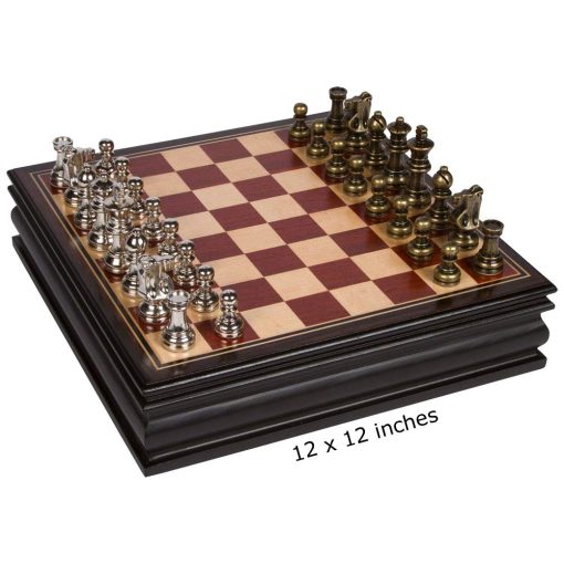 Juego de Ajedrez Bancroft con Tablero de Madera Inlaid y Piezas de Metal, Rey de 2.5 Pulgadas y Reinas Extra (Juego de 12 x 12 Pulgadas) - Imagen 3