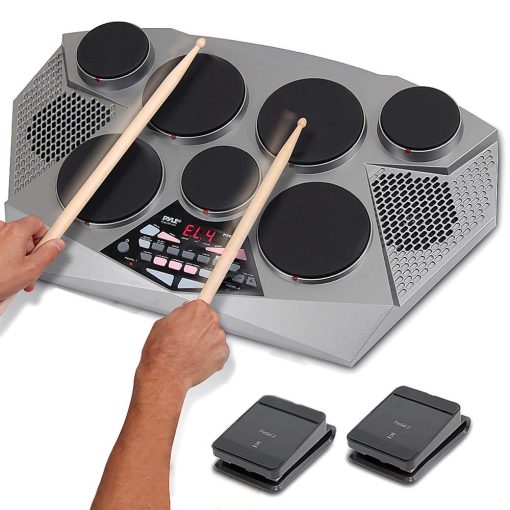 Pyle Pro Electronic Drum kit - Set de bateria electronica portatil con panel digital, 7 almohadillas de bateria, controlador de pedal de Hi-Hat / Kick Bass, USB AUX - Tom Toms, platillos, caja de la bateria - PTED06