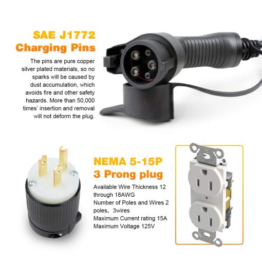 Cargador de Nivel 1 BESENERGY 15A 110V-220V Portatil J1772 20ft Cable de Carga EV Compatible con Todos los Coches Electricos - Imagen 3