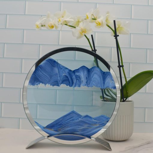 Decoracion de arte de arena en movimiento - Acero inoxidable - Redondo 10" 3D Sand Art Liquid Motion - Arte de arena de escritorio - Accesorios de escritorio relajantes faciles de usar - Ondas de arena relajantes en movimiento para decoracion de oficina en casa (Azul) - Imagen 5