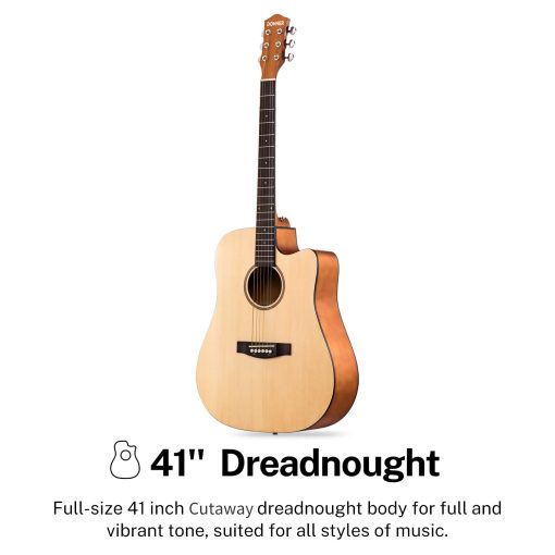 Kit de Guitarra Acustica Donner para Principiantes Adultos y Adolescentes - Kit de Inicio, Tamano Completo 41'' Cutaway Guitarra Acustica Paquete con Leccion en Linea Gratis, Estuche, Correa, Afinador, Cejuela, Cuerdas, Natural, DAD-140C - Imagen 2