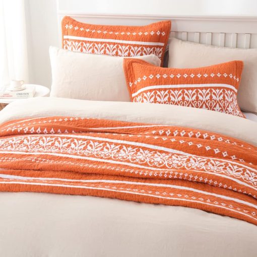 Colcha King Size Qiqiong, Juego de Colcha Boho Naranja 100% Algodon Colcha Bohemia a Rayas King Bedspread Juego de Ropa de Cama Ligera Edredon Reversible Cubrecama para Verano, Naranja Blanco 3 Piezas - Imagen 4