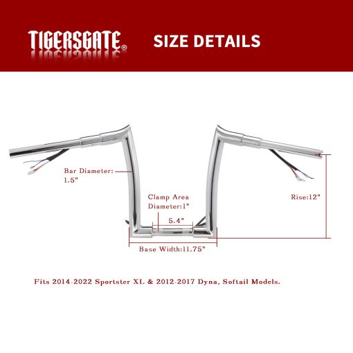 TIGERSGATE PRE-WIRED 12 pulgadas Meathook Monkey Bar Diablo Ape Hangers para Harley 14-22 Sportster XL 12-17 Dyna Softail (Cromo) - Imagen 2