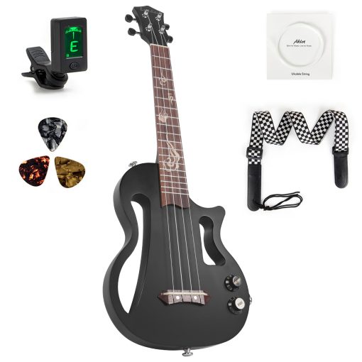Ukulele Silencioso, Lotkey 26 Pulgadas Cuerpo de Okume Electrico Ukulele para Practica o Presentaciones con Salida de AMP Cuerdas de Nylon Italiano con Afinador Correa y Accesorios Completos (Negro)