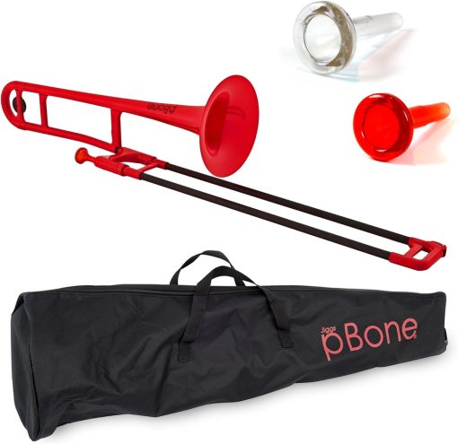 Trombon de plastico PINSTRUMENTS pBone - Boquillas y Estuche de Transporte - Ligero y Versatil, Agarre Ergonomico Comodo - Sonido Autentico en Bb para Estudiantes y Principiantes - Construccion Duradera de ABS - Rojo