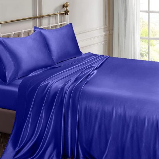 Juego de Sabanas de Seda Satinada Rico Bedding con Bolsillo Profundo de 19 Pulgadas - Juego de Sabanas de Lujo de Hotel - 6 Piezas - Bolsillos Profundos - Transpirables y Refrescantes - Sin Arrugas - Comodas - Sabanas de Cama - (Queen Azul Real) - Imagen 2