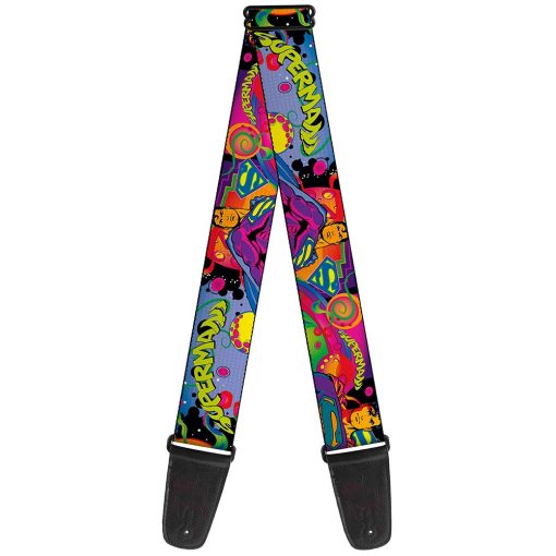 Correa para guitarra Buckle-Down - SUPERMAN Poses/Battling Mongul Negro/Multi Neon - 2" Ancho - Longitud 29-54"