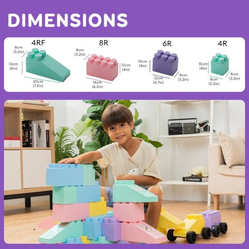 Bloques de Construccion de Plastico Masivo MassBricks - Bloques Gigantes para Ninos, Ninas Edad 1-8 Juega con Piezas Grandes Educativas, de Construccion, y de Apilamiento sin BPA (48 pzs Pastel + Ruedas) - Imagen 4