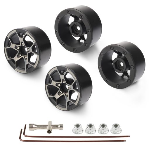 Rchobbytop Ruedas de 1.9 pulgadas de aluminio de servicio pesado con bloqueo de cuentas y tuercas de bloqueo de ruedas para camiones RC Crawler TRX-4 SCX10 II Jeep JLU Wrangler RC4WD Gmade, Negro/Plata