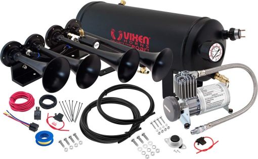 Kit de Claxon de Tren Vixen Horns para Camiones/Carros/Semis. Sistema Completo a Bordo - Compresor de Aire de 150psi, Tanque de 1.5 Galones, 4 Trompetas. Super Fuerte dB. Compatible con Vehiculos como Pickups/Jeeps/RVs/SUV 12v VXPRO8524B