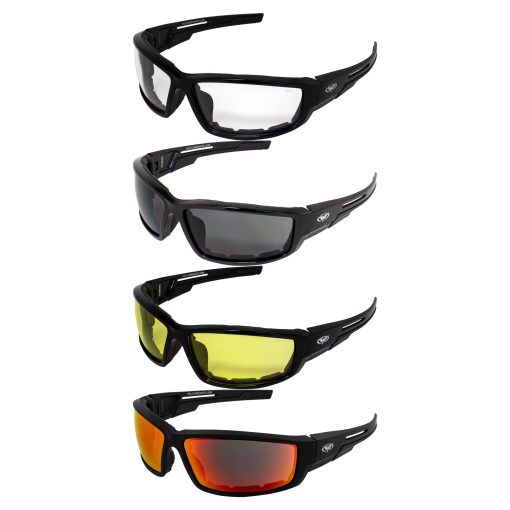 Global Vision 4 Pares de Gafas de Sol de Moto Acolchadas Global Vision Sly Negro con Lentes Transparentes, Gris, Amarillas y Espejo Rojo