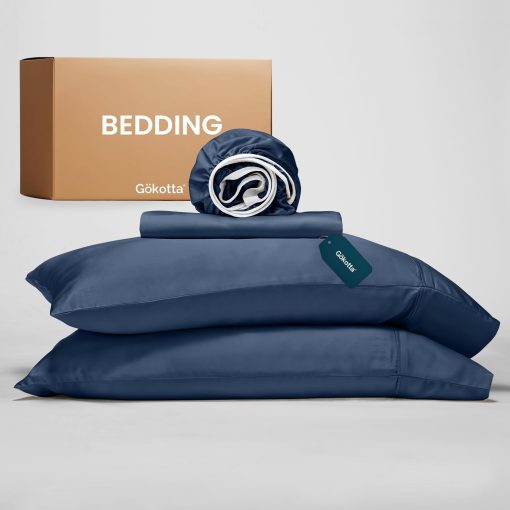 Juego de sabanas tamano King California GOKOTTA, 100% Rayon derivado de Bambu, Sabanas suaves transpirables, Sabana ajustable de 16" con correas elasticas en las esquinas, Azul marino