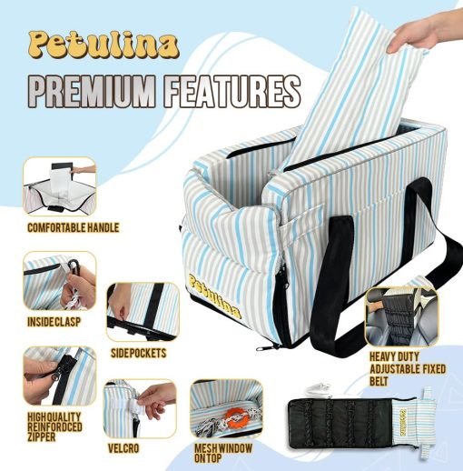 Asiento de coche para perros pequenos con juguete incluido, asiento de coche para perros, asiento de coche para cachorros, asiento de coche para perros de consola lavable, apoyabrazos para coche incluido con sujeciones de seguridad y juguete para perros por PETULINA (Rosa) - Imagen 4